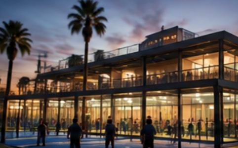 A two-story padel club at dusk, its glass-walled courts lit up beneath palm trees.