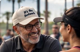 Two padel players sharing a laugh courtside, one in a cap that reads "It's the footwork."
