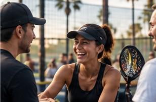 Padel players laughing together courtside after a game.
